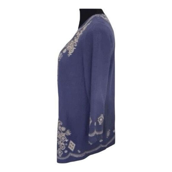 Short Open Front Cardigan Size S Blue Floral Embroidered 100% Linen 3/4-Sleeve - Picture 4 of 11